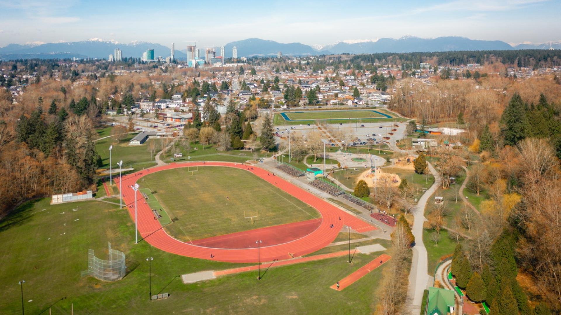Bear Creek Park Aerial View of hte Track and fields - Surrey BC
